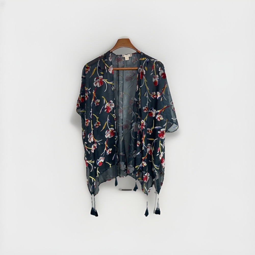 Japna Open front Poncho Flower Velvet Boho Chic Sheer Women Size S